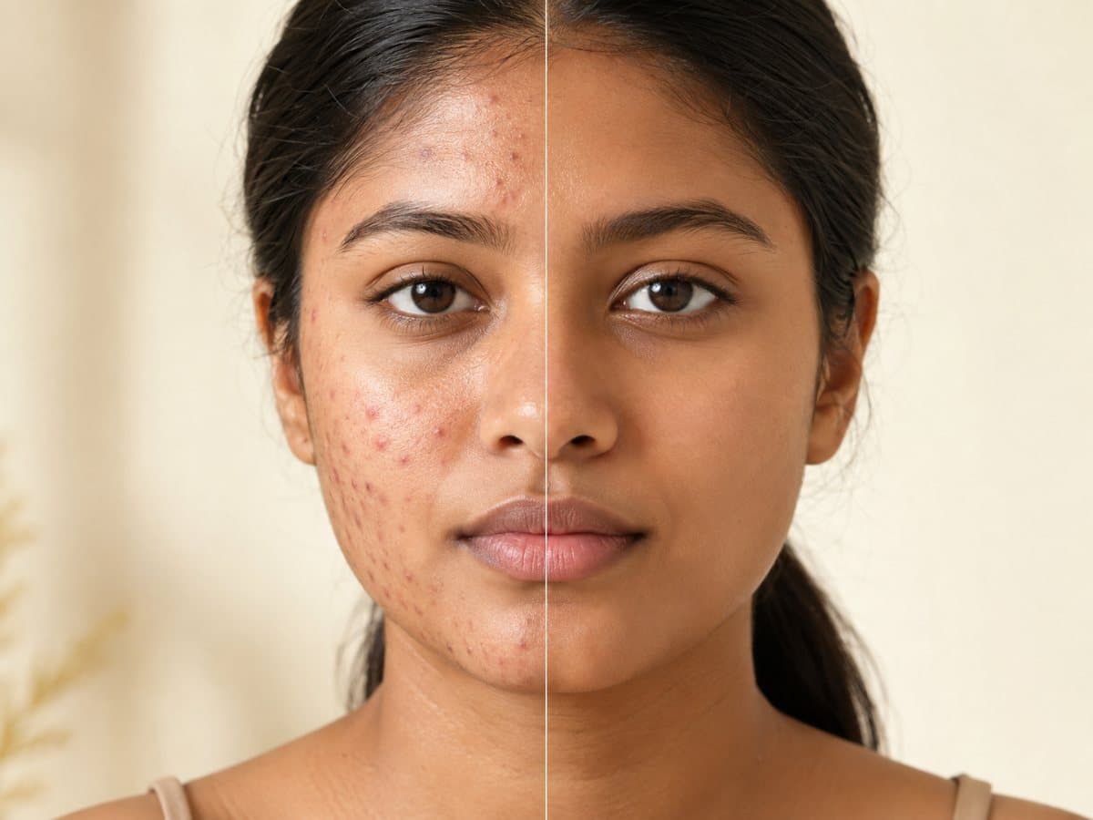 A close portrait of a young Sri Lankan woman divided down the centre, an active breakout on one side and clear skin on the other.