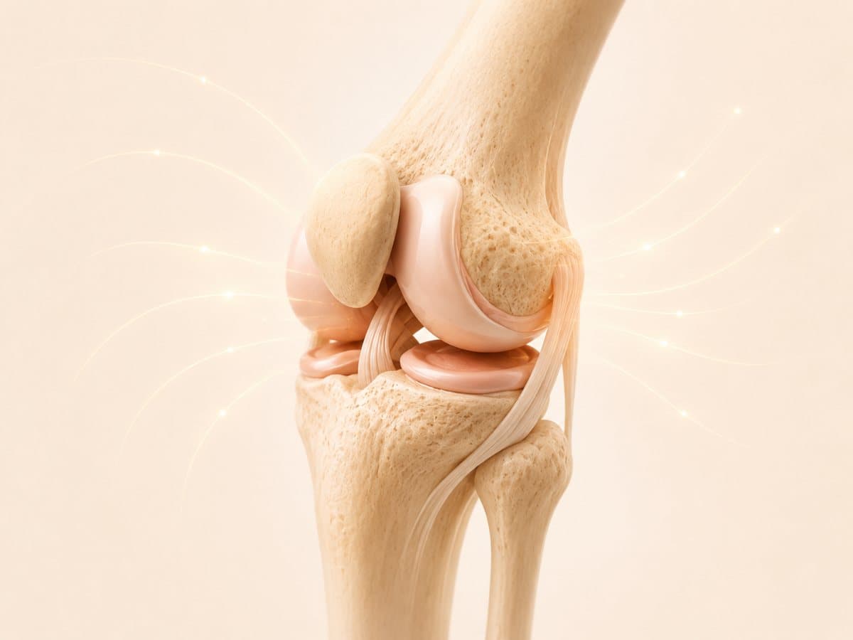 An illustration of a human knee joint on a warm cream field, soft gold light radiating from the joint.