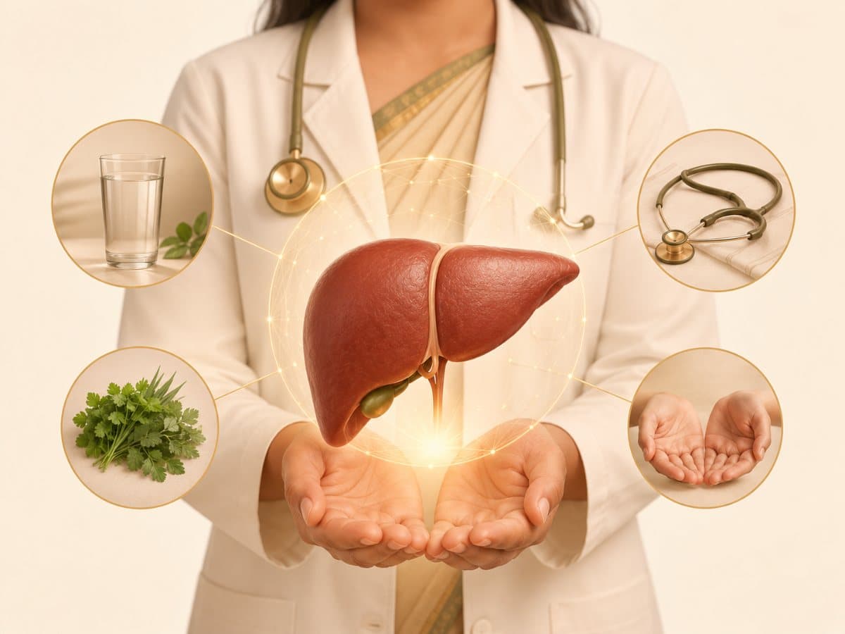 An illustration of a doctor's cupped hands presenting a liver, ringed by small circular vignettes of water, fresh herbs, a stethoscope and open hands.