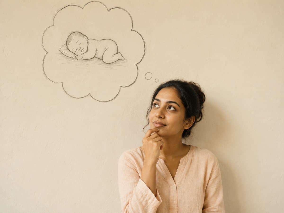 A woman looking up at a sketched thought bubble of a sleeping baby drawn on the wall beside her.