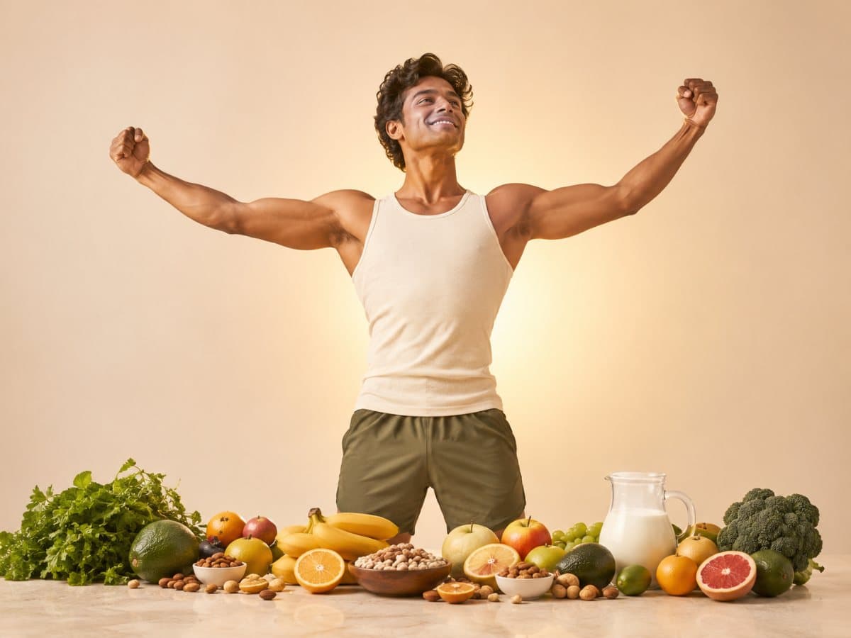 A young Sri Lankan man standing with his arms raised, fresh fruit, greens and nuts arranged around him.