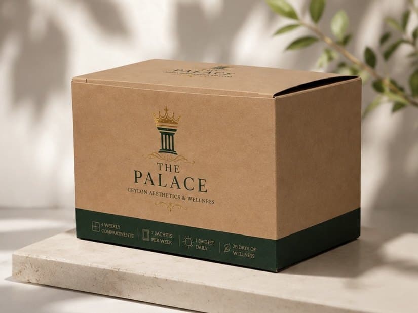 THE PALACE monthly vitamin box, closed, seen from three-quarters above on a pale stone surface.
