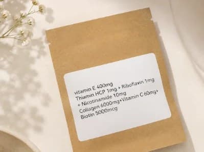 A sachet from THE PALACE showing its printed label — Vitamin E 400mg, Thiamin HCP 1mg with Riboflavin and Nicotinamide, and Collagen 6000mg with Vitamin C and Biotin.