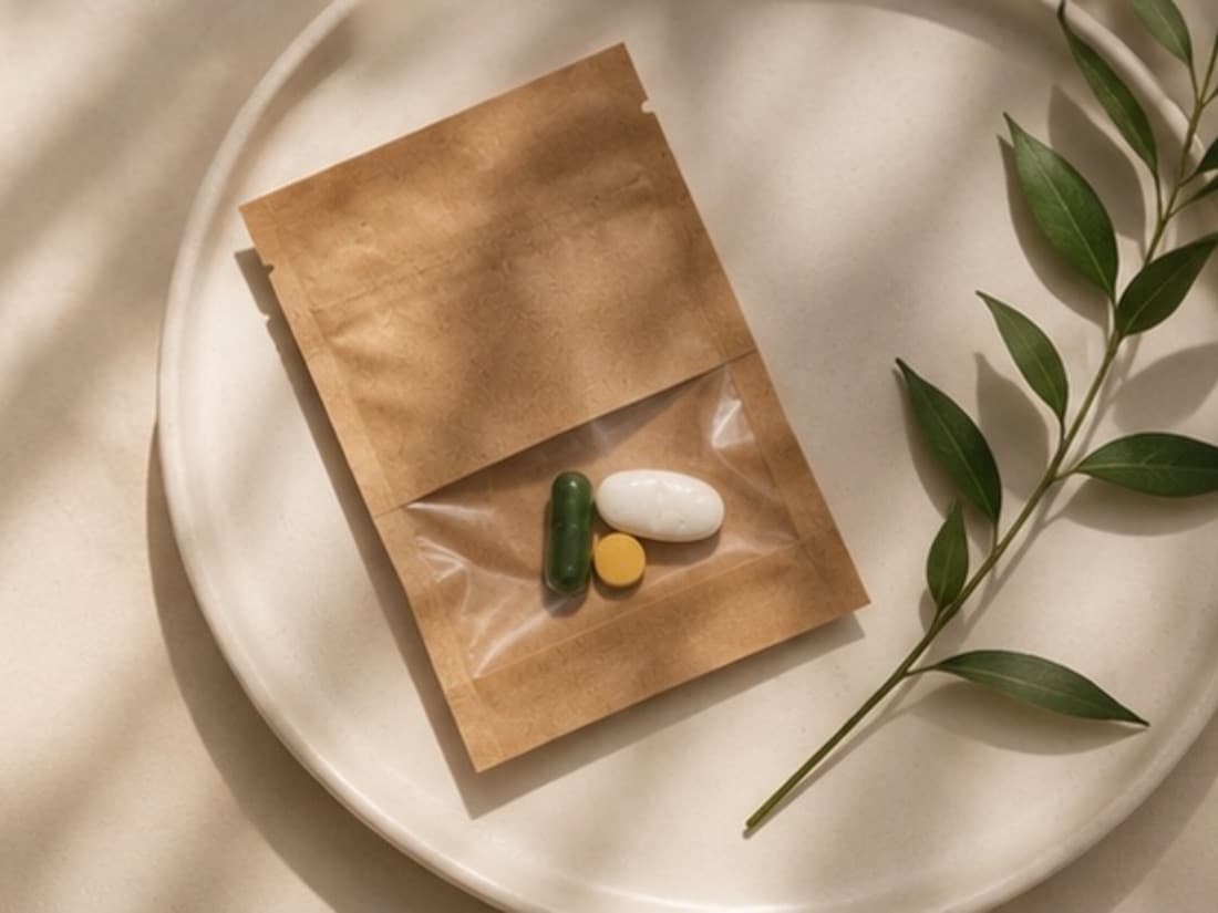 A single daily sachet from THE PALACE monthly box, tablets visible through its clear window.